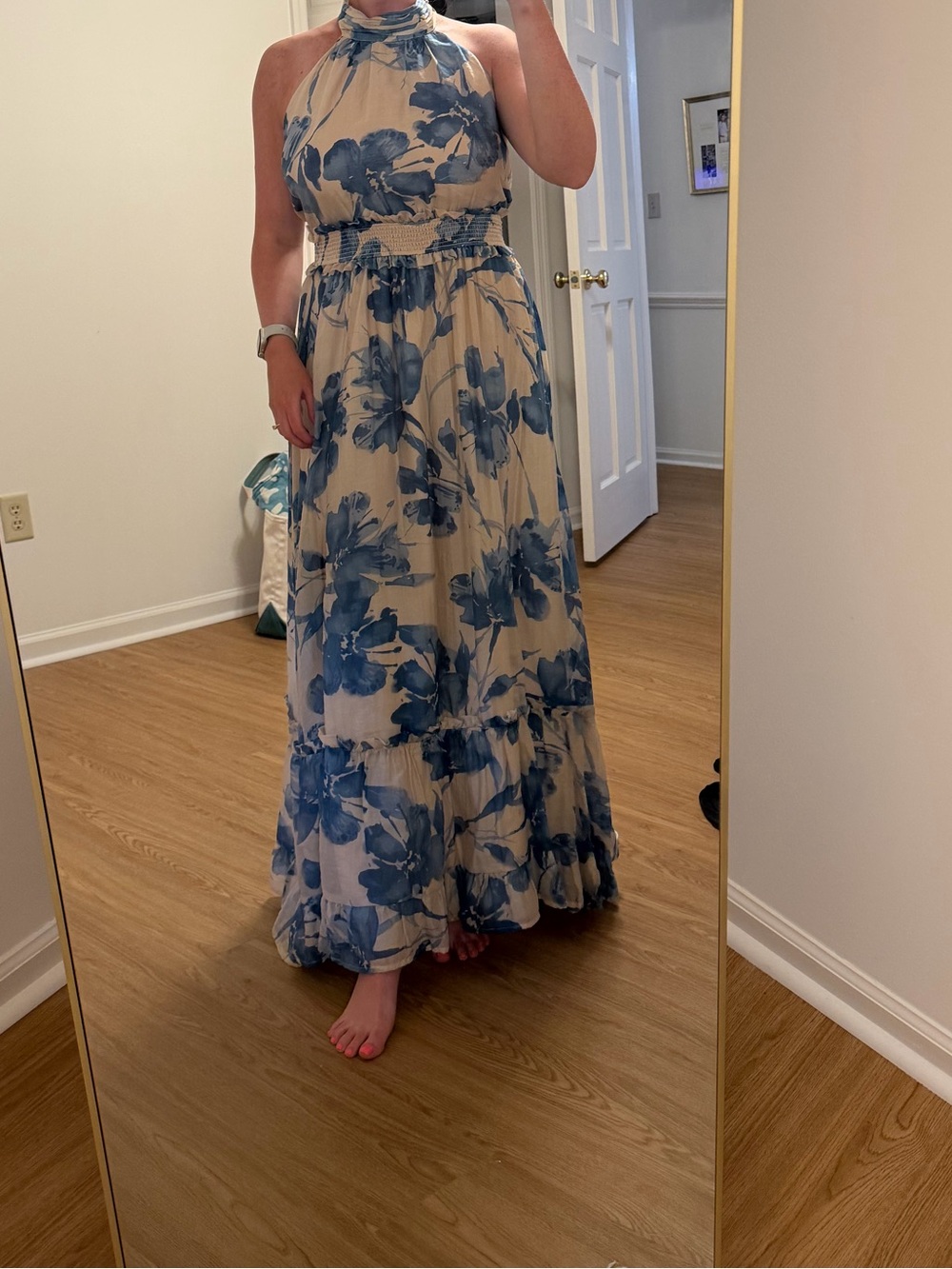 Sleeveless Halter Maxi Dress with Blue Floral Print